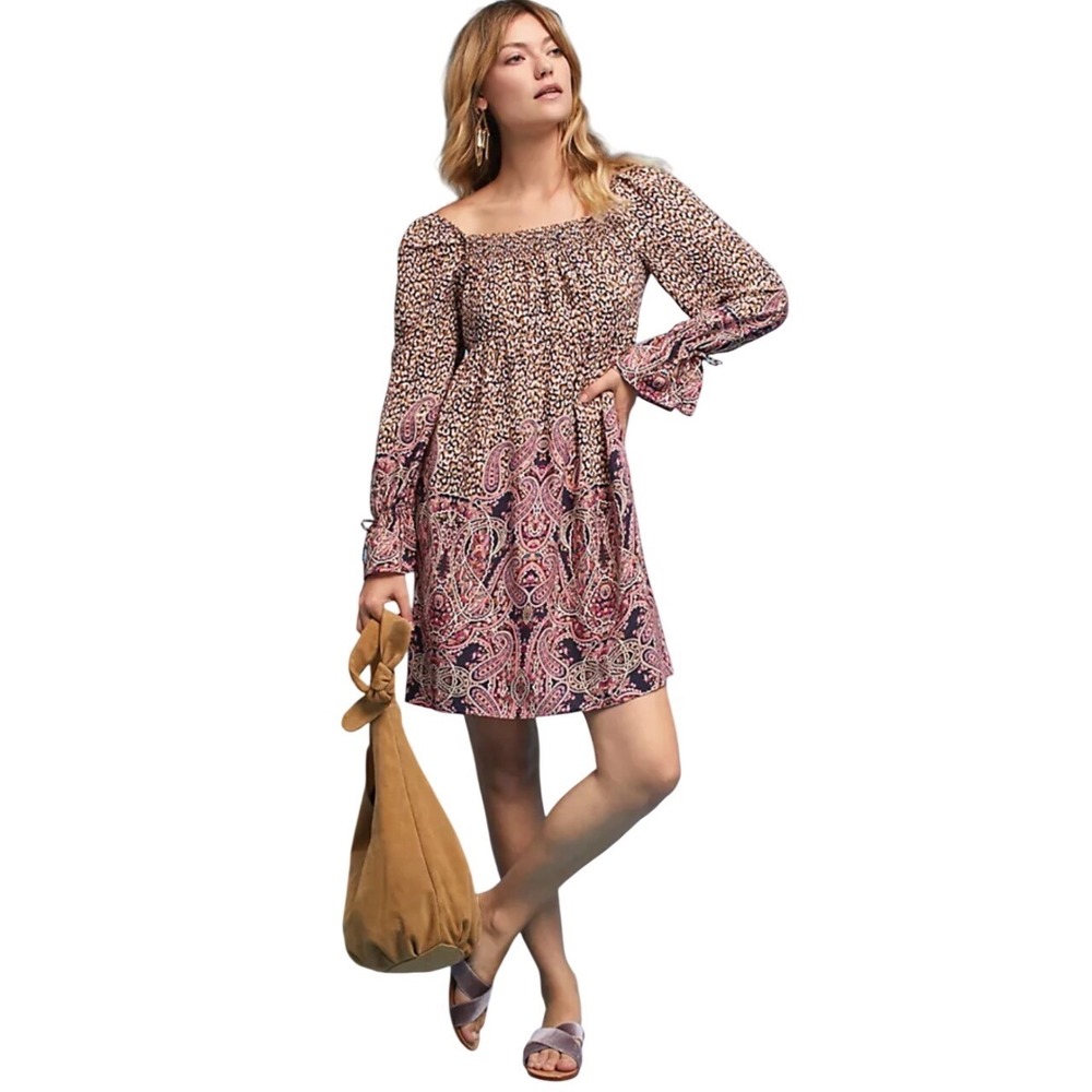 Maeve Anthropologie Milou Dress XS Leopard Paisley Smocked SquareNeck Mini Brown